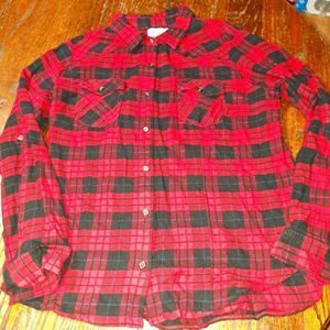Large Overdrive Red Black Blue Long Sleeve Button Front Cotton Flannel Shirt